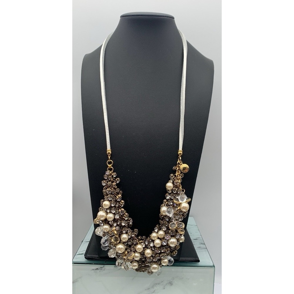 J Crew Crystal Rhinestone Faux Pearl Cluster Suede Corded Necklace 22"